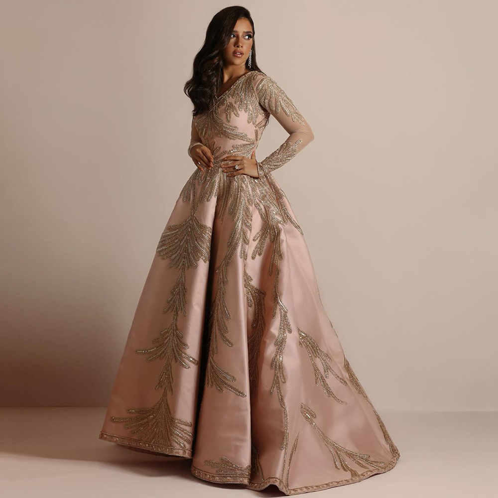 Picture of 2025 New European and American Export Women's Clothing Independent Station Hot Stamping Large Sleeve Long Skirt Banquet Sexy Evening Dress Pink