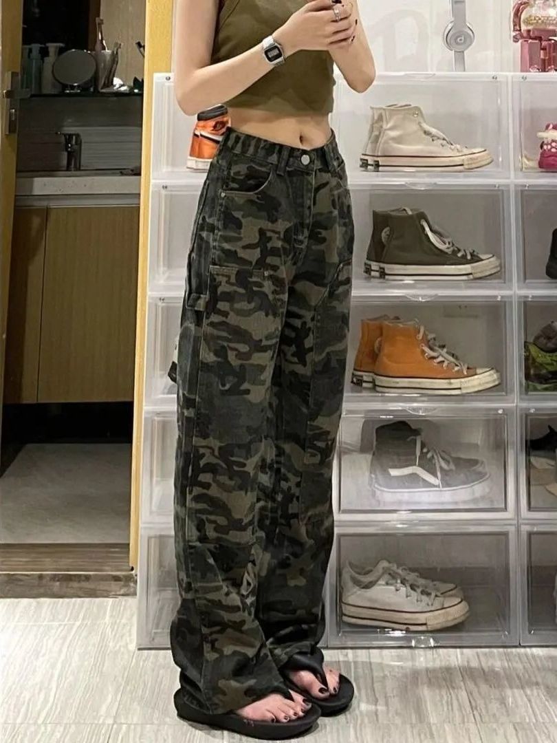 Picture of Army Green Camouflage Jeans for Women 2025 Spring and Autum Ins High Street New Loose K-Style Slimming Look Straight Wide Legs