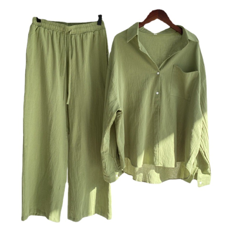 Picture of Cross-border Amazon Women's 2-piece Vintage Plus Size 2022 Cotton and Linen Shirt suit High Waist Loose Trousers