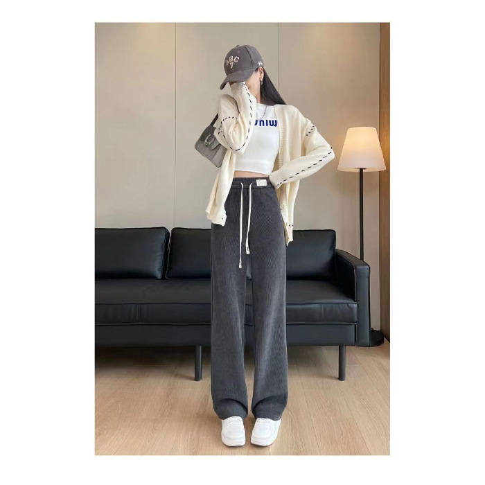 Picture of Narrow Wide-leg Pants Women's Autumn and Winter 2023 New High Waist Slimming Knitted Pose Loose Casual Sports Straight Pants