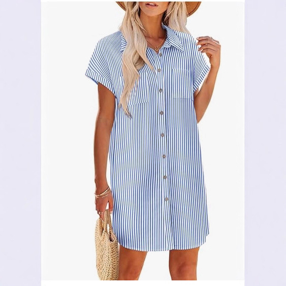 2025 Cross-Border European and American Amazon Women's Shirt Dress Summer Cotton and Linen Casual Short-Sleeved Loose Flap Pocket Pants Dress