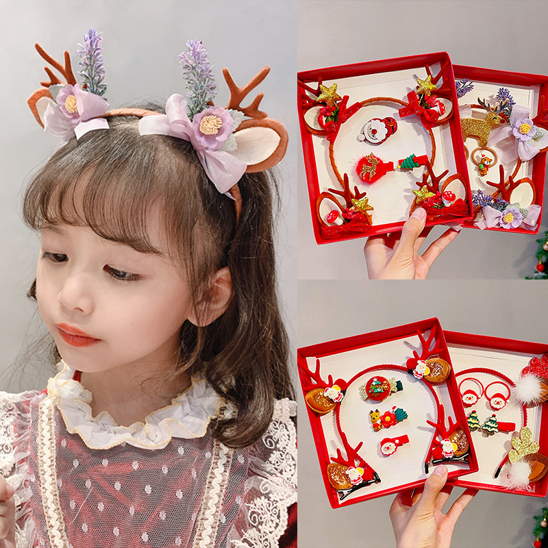 Picture of 2023 new children Girl Christmas headband hairpin suit combination cute antlers Christmas headband hairpin headdress