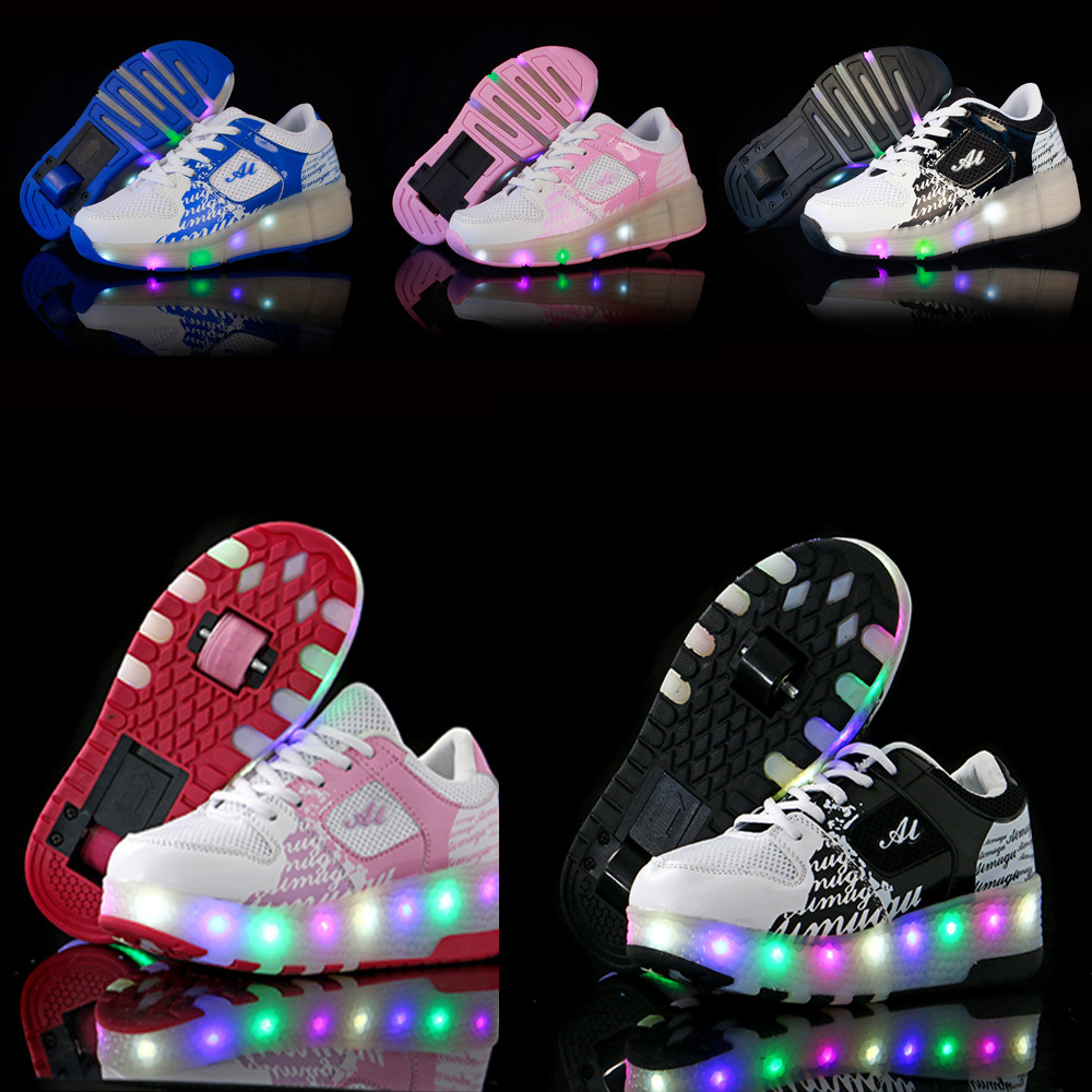 B76 student sneaker children's double-wheel walking shoes with Wheels skating shoes primary and secondary school students LED flashing light skating shoes