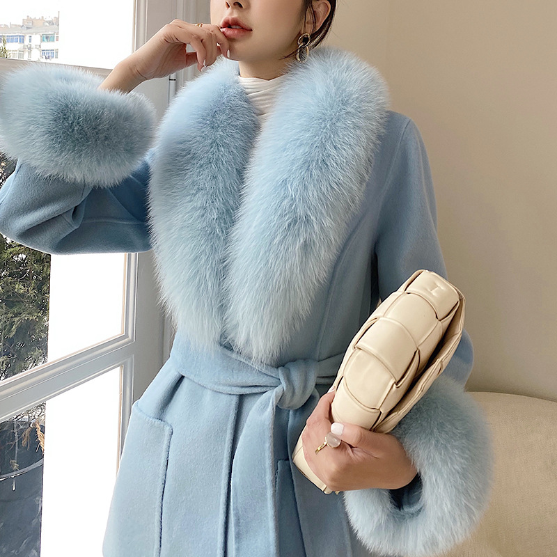 Picture of Australian wool double-sided cashmere three-dimensional skirt fox fur collar mid-length slim-fit princess pink woolen coat all-match