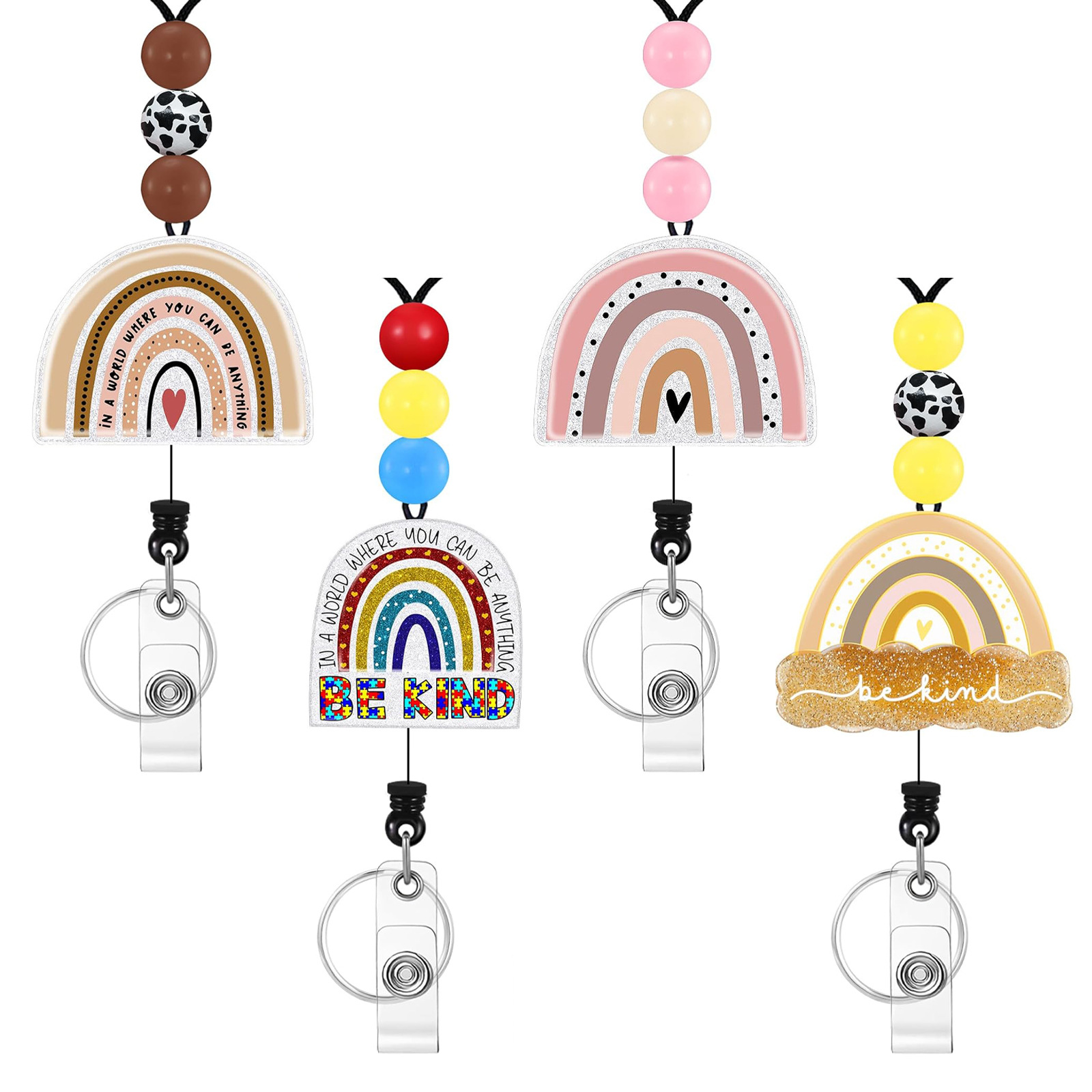 Rainbow Beaded Easy Pull Buckle Telescopic Cute Leopard Keychain Ring Women's Student ID Card Beads Lanyard Card Holder