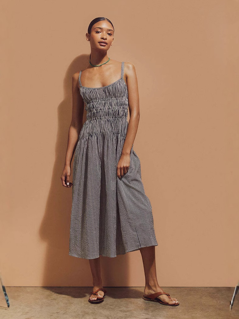 Amazon 2025 Striped Cotton Mid-Length Dress with Adjustable Straps, Backless Cross-Over Three-Row Pleated Lace-Up