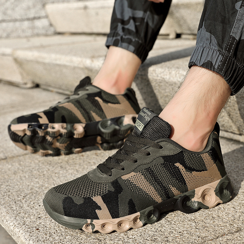 2025 cross-border spring and summer new flying woven camouflage sports shoes breathable mesh hollow students military training men's shoes