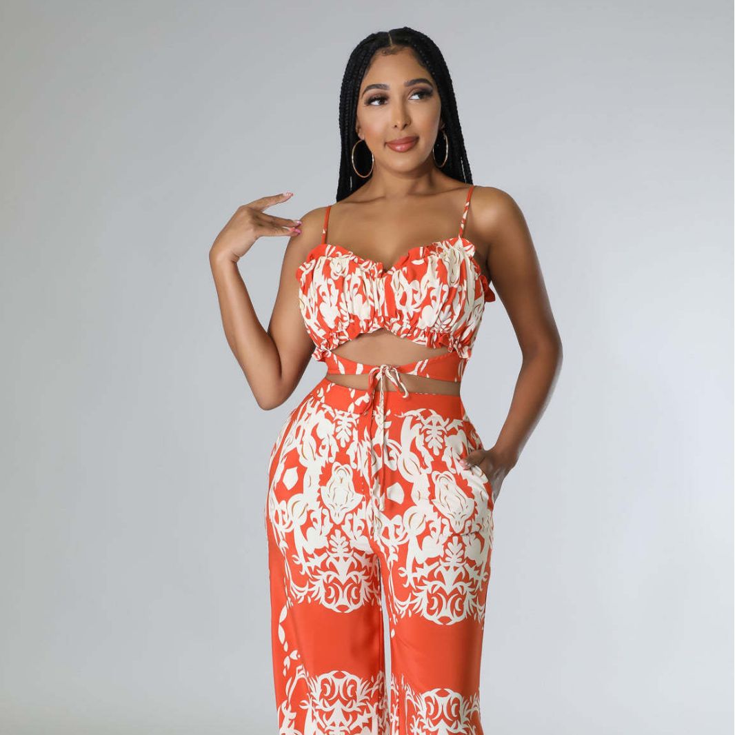 HX0170 fashion printing drawstring two-piece set