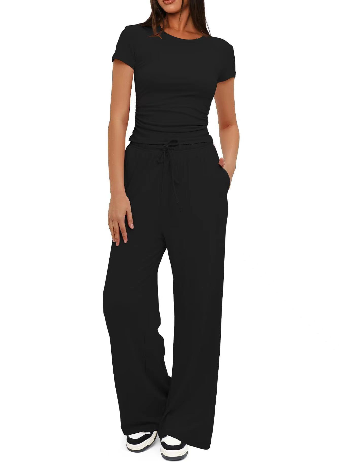 2024 Amazon New Women's Two-Piece Summer Short-Sleeved Pleated Top Casual Sports Pants Y2K Matching Set