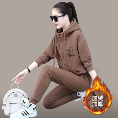 Fleece-lined thickened sports suit women's autumn and winter wear 2023 new hooded pullover sweater casual wear two-piece suit Western style