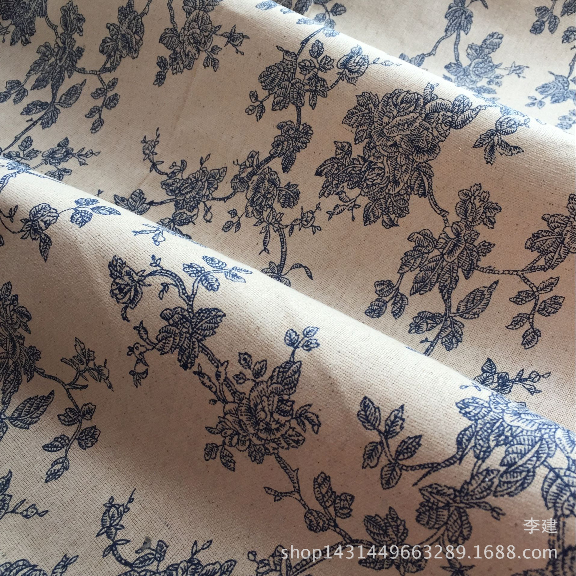 Professional Printing and Dyeing Linen Fabric Linen Cloth Printing Vintage Blue Flower Tablecloth Background Cloth