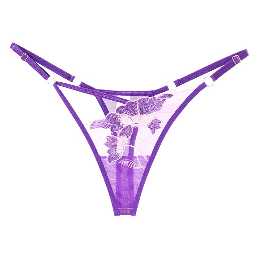 Mesh Seamless Cotton Panties Women's Embroidered Transparent Hollow Low Waist Passion Adjustable T-shaped Hot T-pants