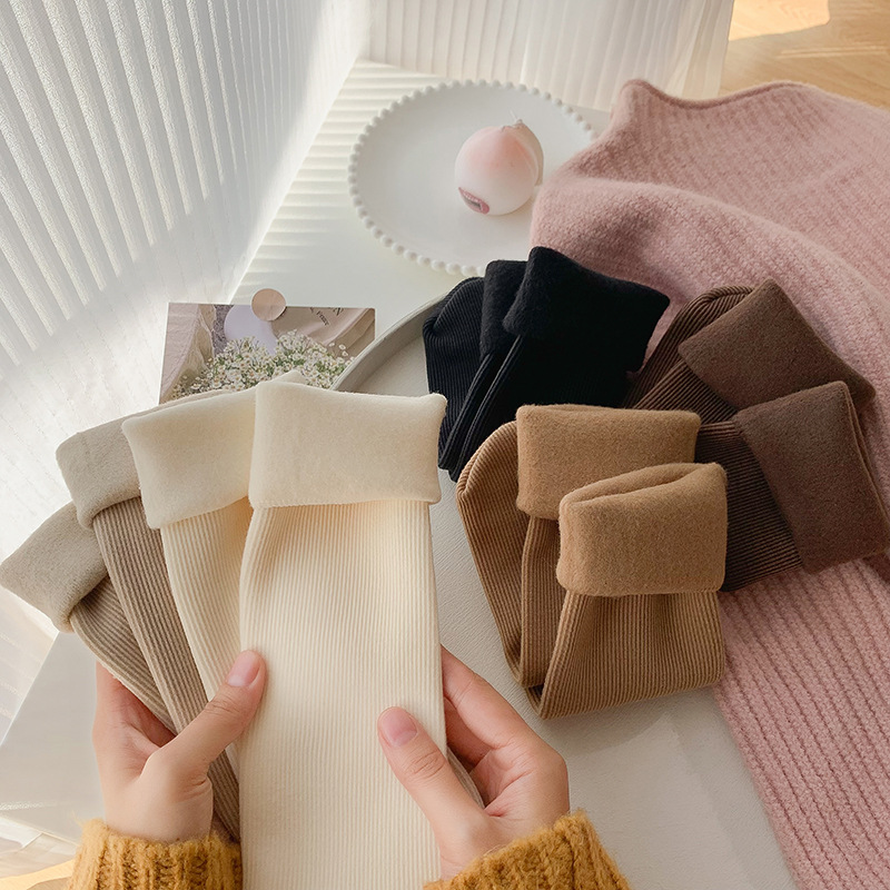 Cashmere Snow Socks Women's Autumn and Winter Thick Long Barrel Vertical Straight Plate Fleece-Lined Moon Socks Warm Floor Socks