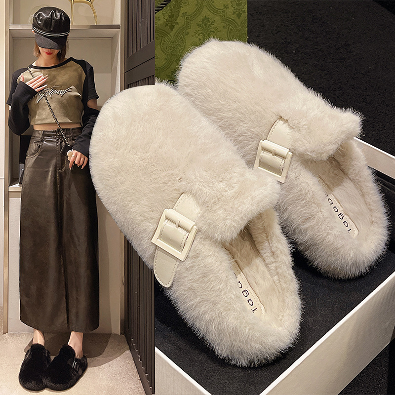 Half Slip-on Autumn and Winter New Cotton Slippers Fashion 2024 Slip-on Outing Maomao Slippers Women's Outwear Maomao Shoes