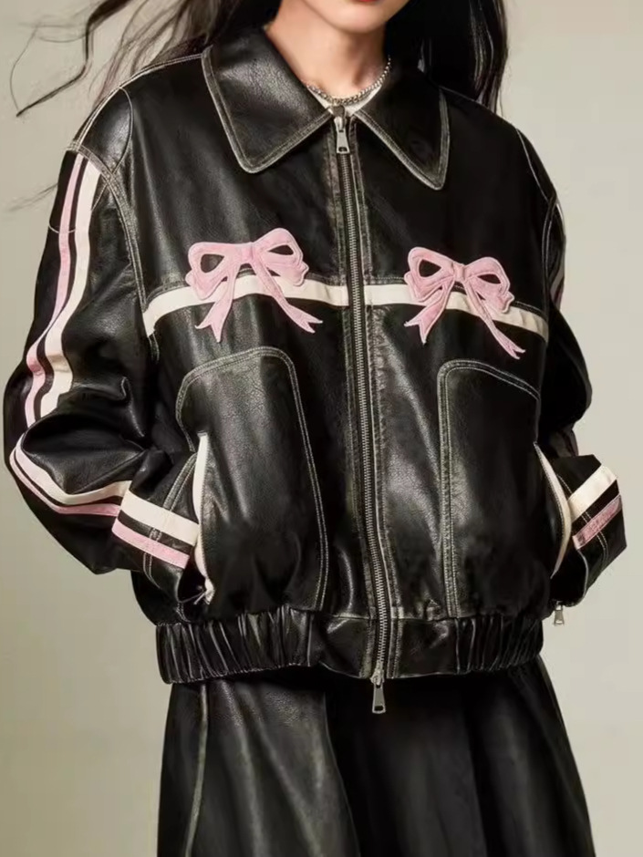Picture of 2024 Cross-border New Autumn Bow Lapel Zipper Pocket Loose Casual Street Style Leather Jacket