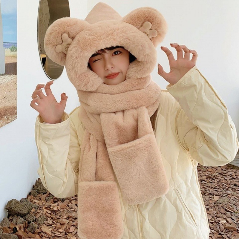 Picture of New Bear Hat Winter Hat Cute Warm Thickened Scarf Integrated Ear Protection Hat Three-Piece Set Cycling Cold Protection Hat