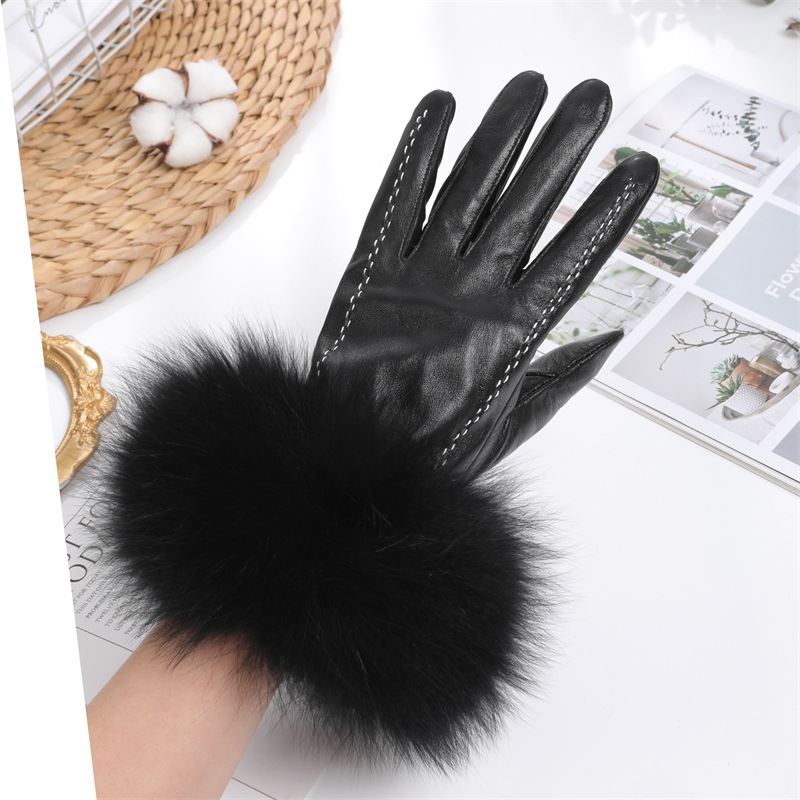 Sheepskin Gloves for Women, Fox Fur, Winter Fleece-Lined, Fashionable, Warm, Cold-Proof, Windproof, Driving, Touch Screen, Hand-Shaped