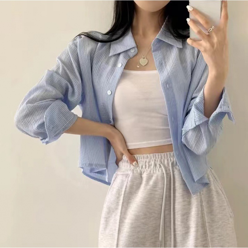 2024 Spring and Autumn New South Korea Blue small striped shirt design new long sleeve sun protection shirt for women
