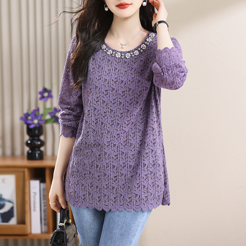 Picture of Plus Size Women's Autum New Fat mm Diamond Lace Shirt, Stylish Round Neck Long-Sleeved Bottoming Top