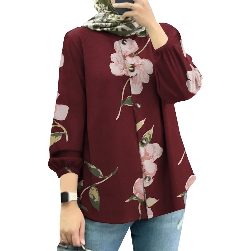 Picture of Spot Cross-Border Amazon Middle Eastern Malay New Women's Muslim Floral Shirt Fashionable Puff Sleeve Factory Batch