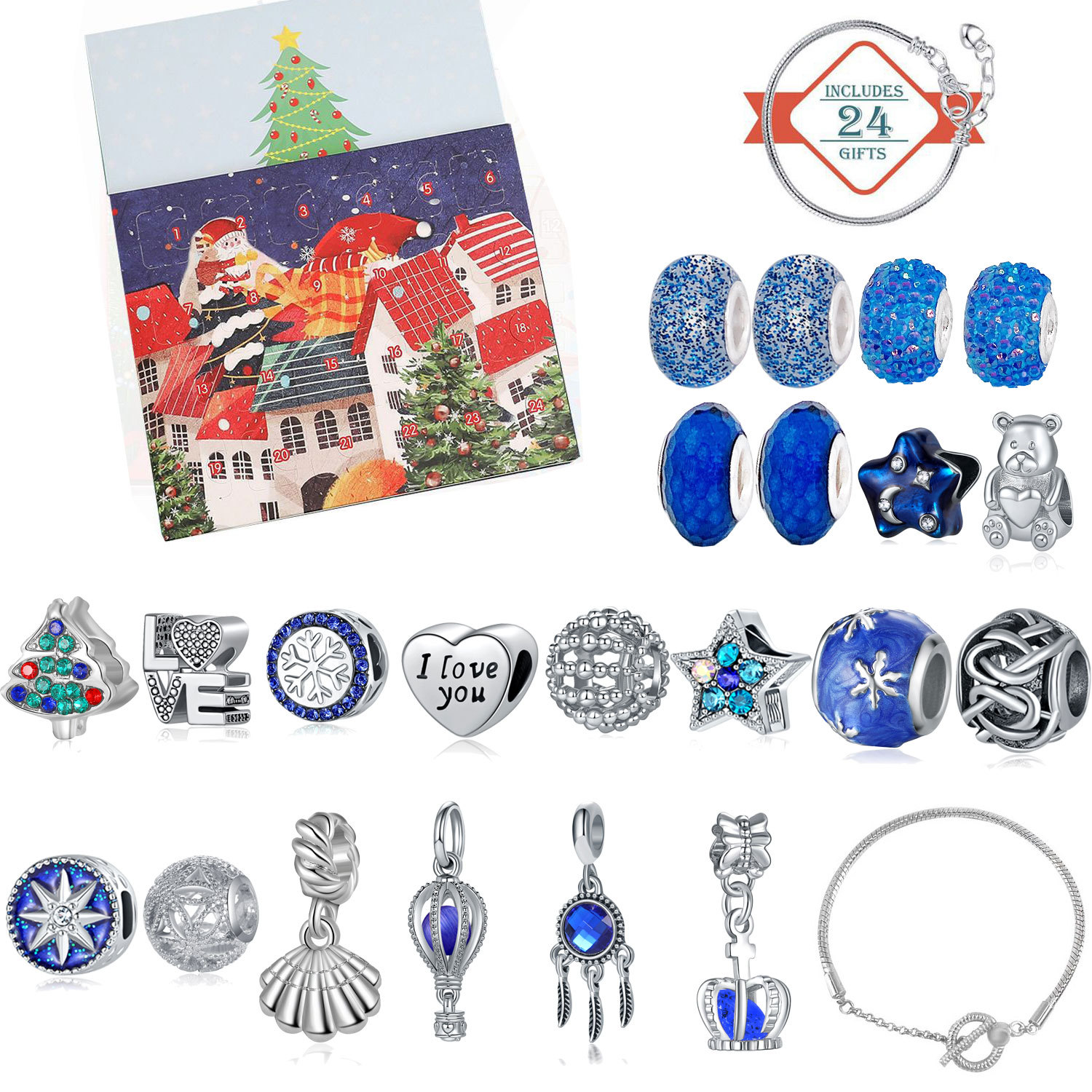 Picture of Maida Blue Christmas Countdown Calendar Gift Box suit DIY Beaded Bracelet Dream Star Bracelet Gift