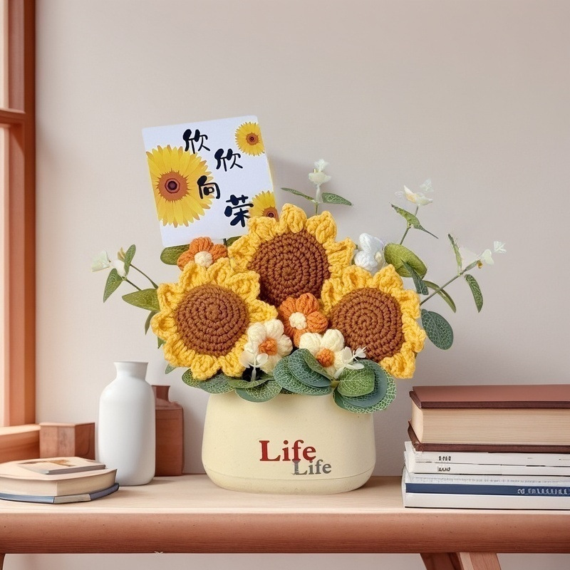 Picture of Creative bouquet knitted flowers diy material hand-woven potted finished desktop ornaments send goddess send mother