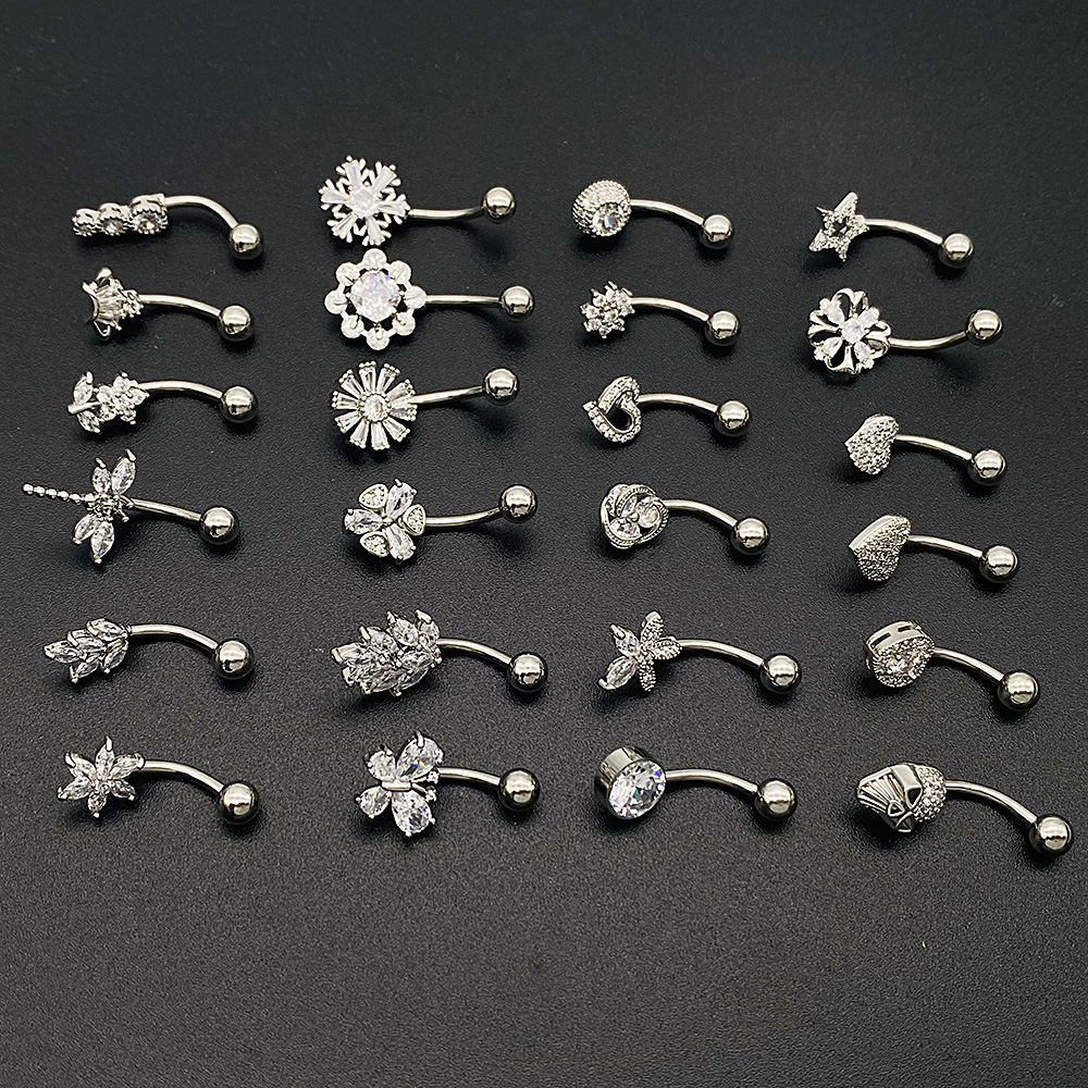 Foreign Trade New Stainless Steel Navel Ring Heart Butterfly Zircon Navel Nail European and American Piercing Jewelry Navel Button