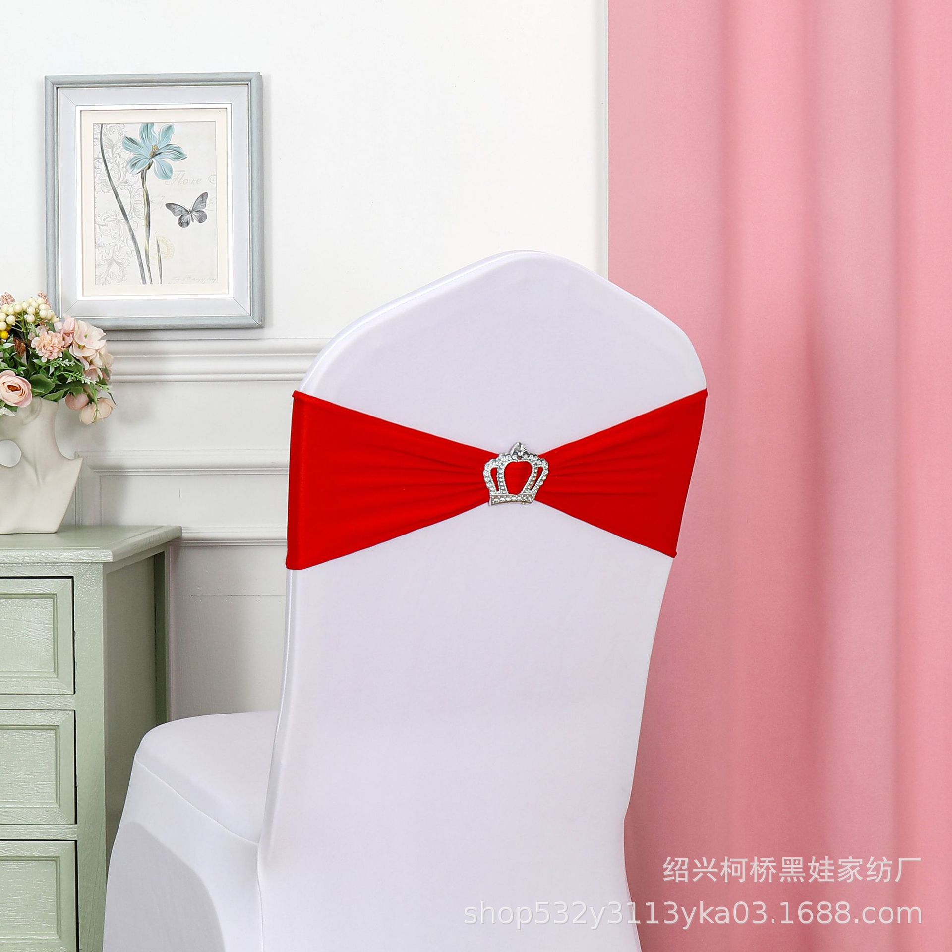Picture of Chair Back Flower Bow Crown Diamond Buckle Elastic Banquet Chair Set Decoration Free Wedding Strap Ribbon Wedding Ribbon