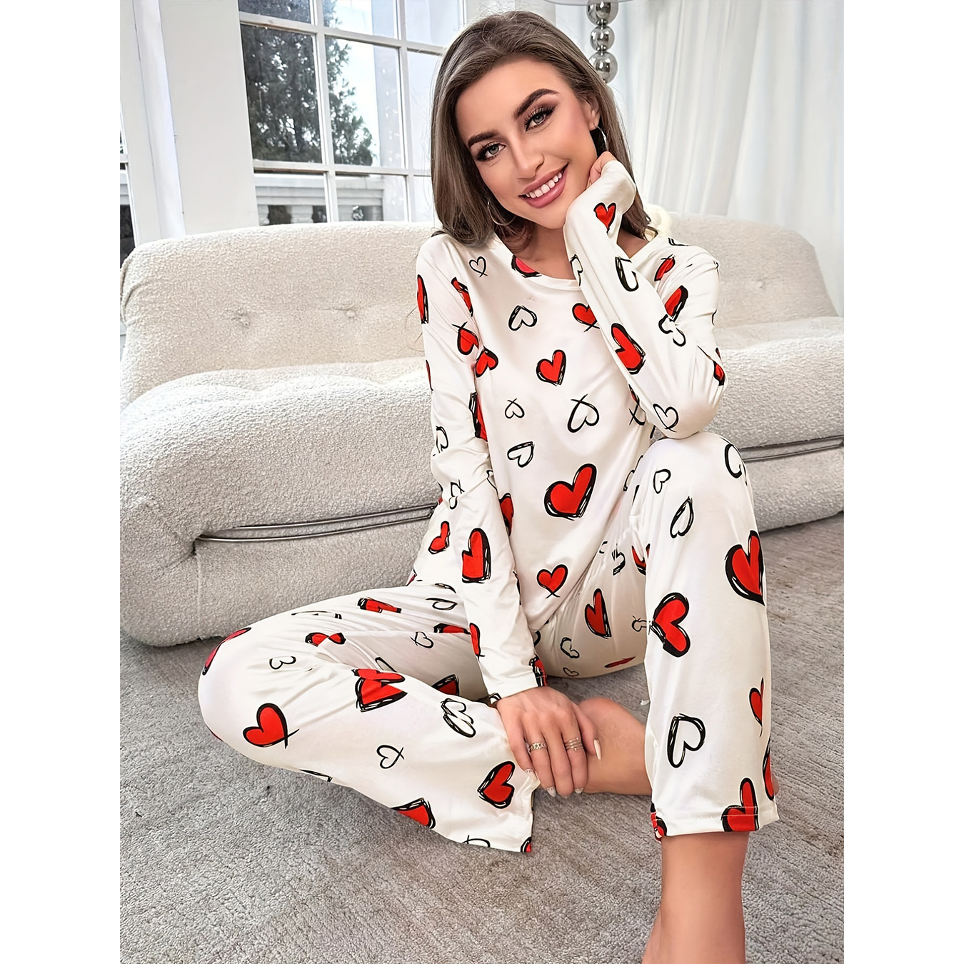 2024 Cross-Border Fashion and Russia New Temu Hot Selling Women's Heart Printed Long-Sleeved Pants Pajama Set