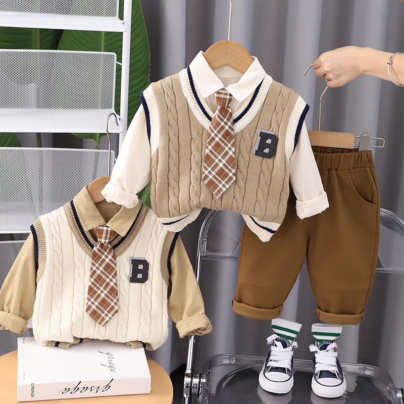 Boys' Children's Wear Autumn New Fashion Vertical Letter Vest Long Sleeve Casual Trousers Trendy Three-Piece Set