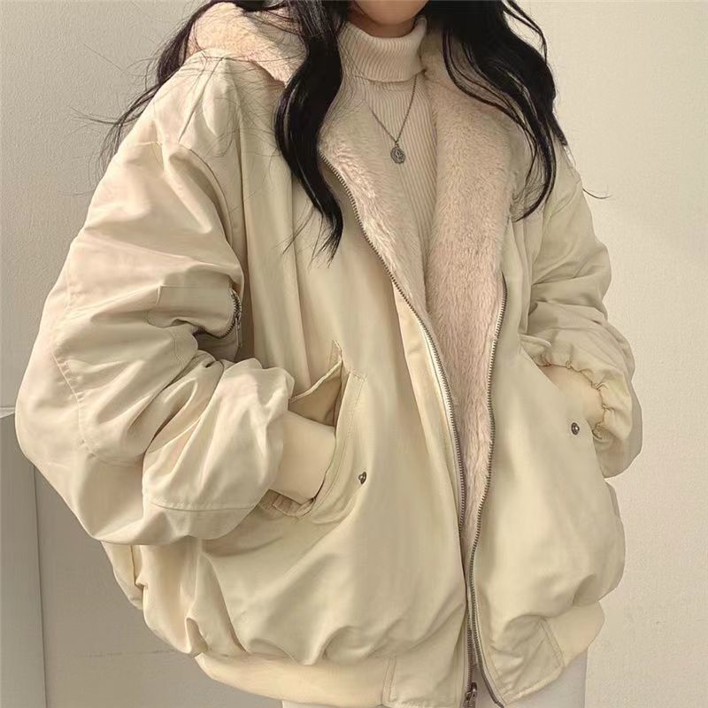 fleece-lined Thickened Two-sided Wearing Lamb Wool Cotton-padded Jacket Foreign Trade Women's Jacket Autumn and Winter New Zipper Hooded Cotton-padded Jacket
