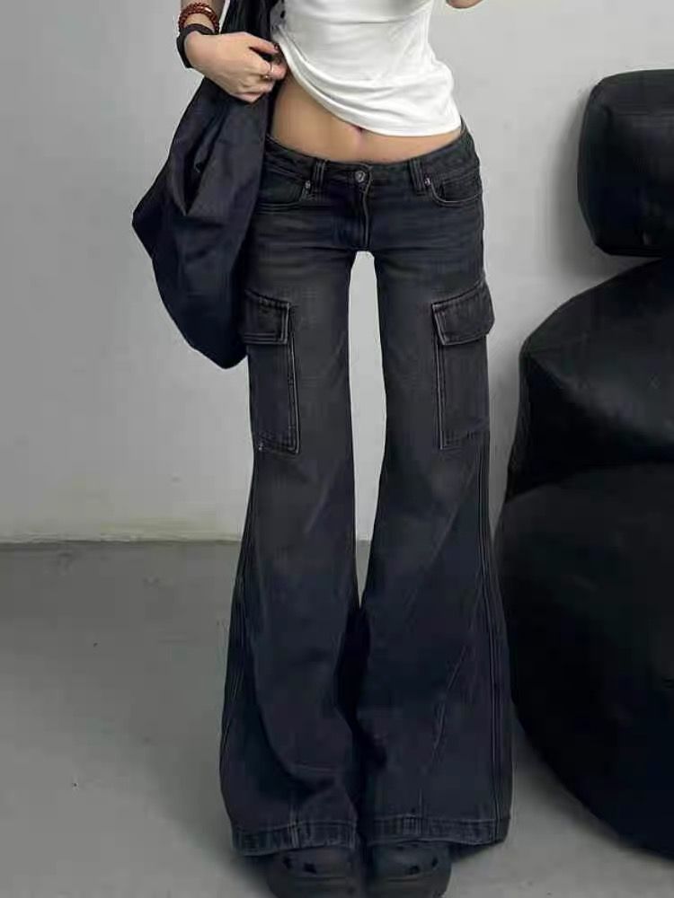 Trendy American Hottie Low-Waist Micro-Flared Work Jeans for Women in Autumn and Winter New Flap Pocket Pants Slim Slim Casual Pants