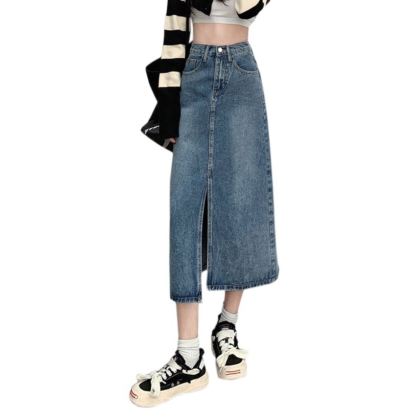 Mid-length Skirt Half-length Denim Skirt Women's Pear-shaped Cyber Celebrity Front Split Retro A- line Large Size High Waist Chubby Girls' Hip Skirt