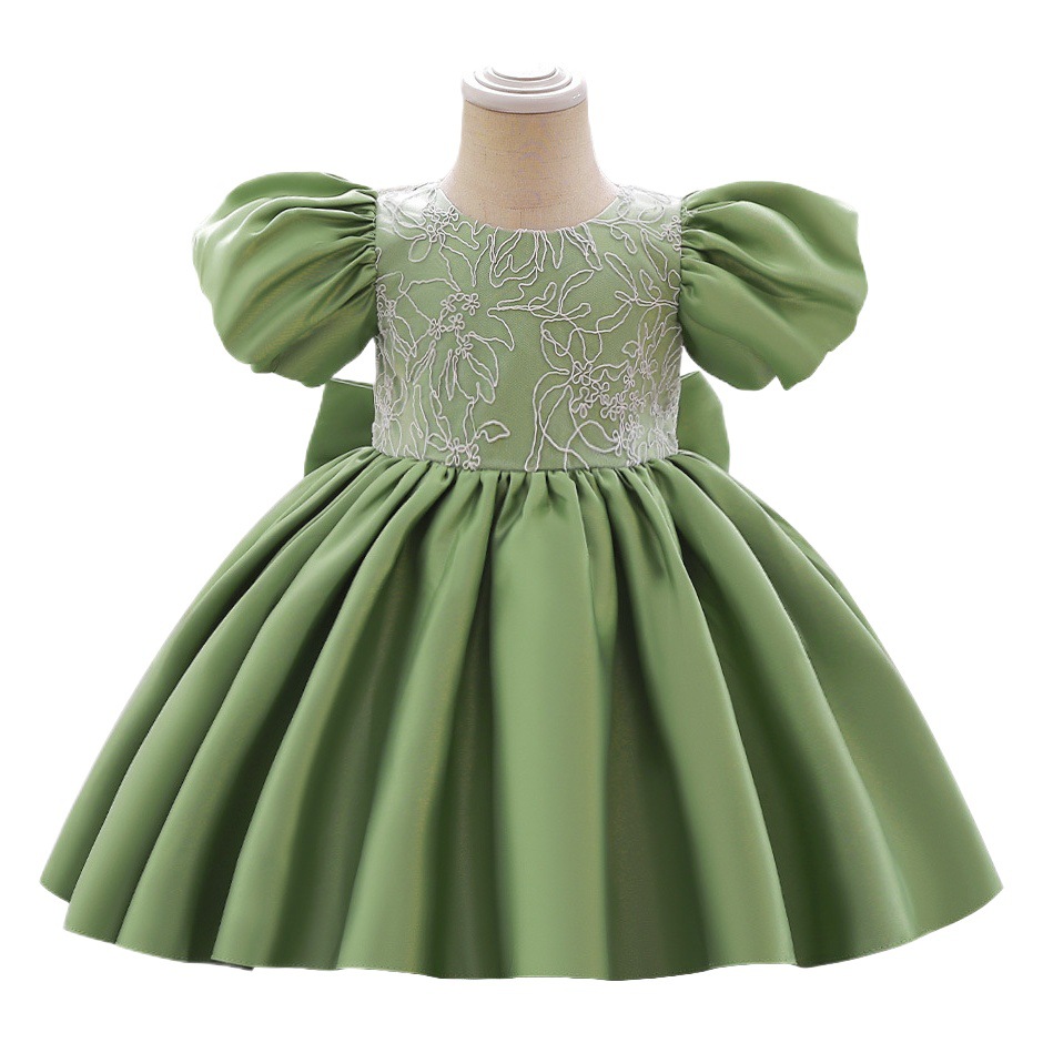 Foreign Trade Summer Girl Princess Dress Embroidered Satin Puff Sleeve Baby Dress Back Snaps Bow Flower Girl