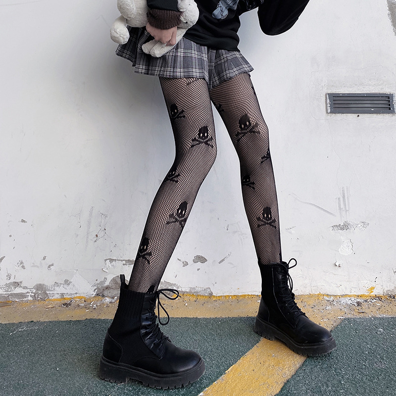 Picture of Internet Celebrating Halloween Nets Skull Spider Web Hollow Fishnet Stockings Pure White Silk Stockings Sexy Black Silk