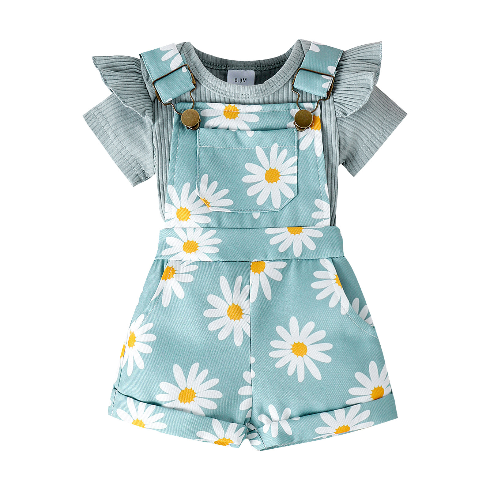 Picture of Cross-border INS Summer New Girls' Baby Solid Color Pit Strip Hare Flower Printed suit