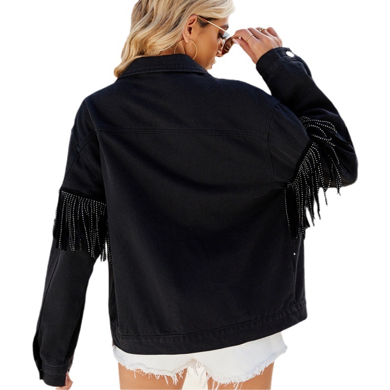 European and American cross-border women's clothing 2024 spring new Amazon independent station washed rivet tassel black Denim coat