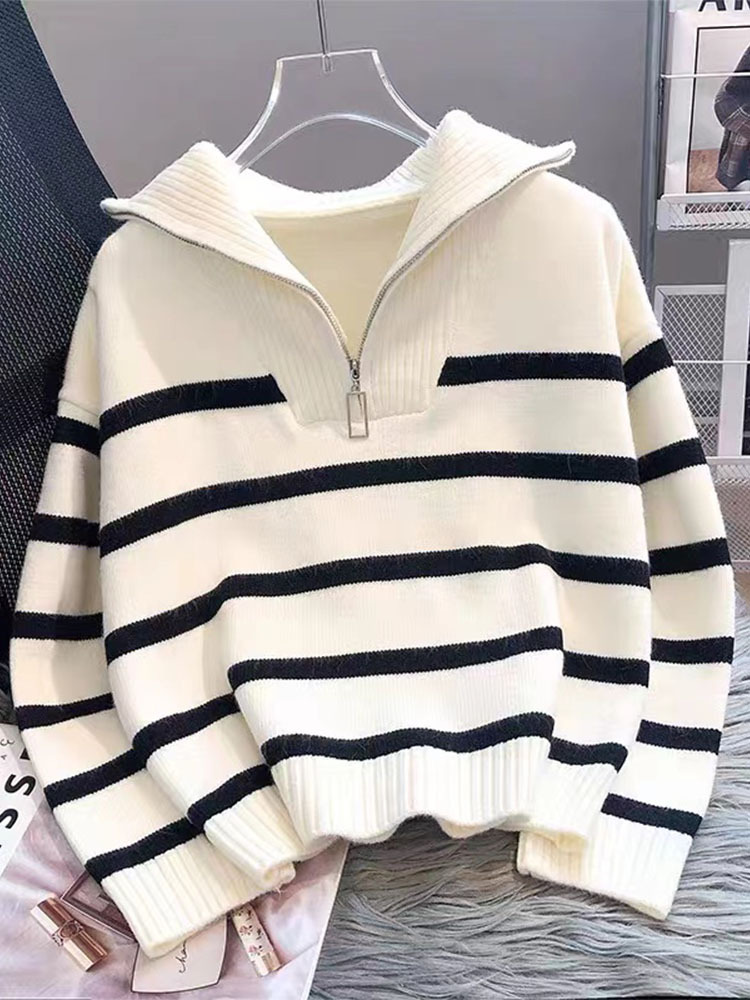 2024 Autumn and Winter New Striped Sweater Lapel Zipper Spliced Color Sweater Loose Slimming All-match Lazy Top