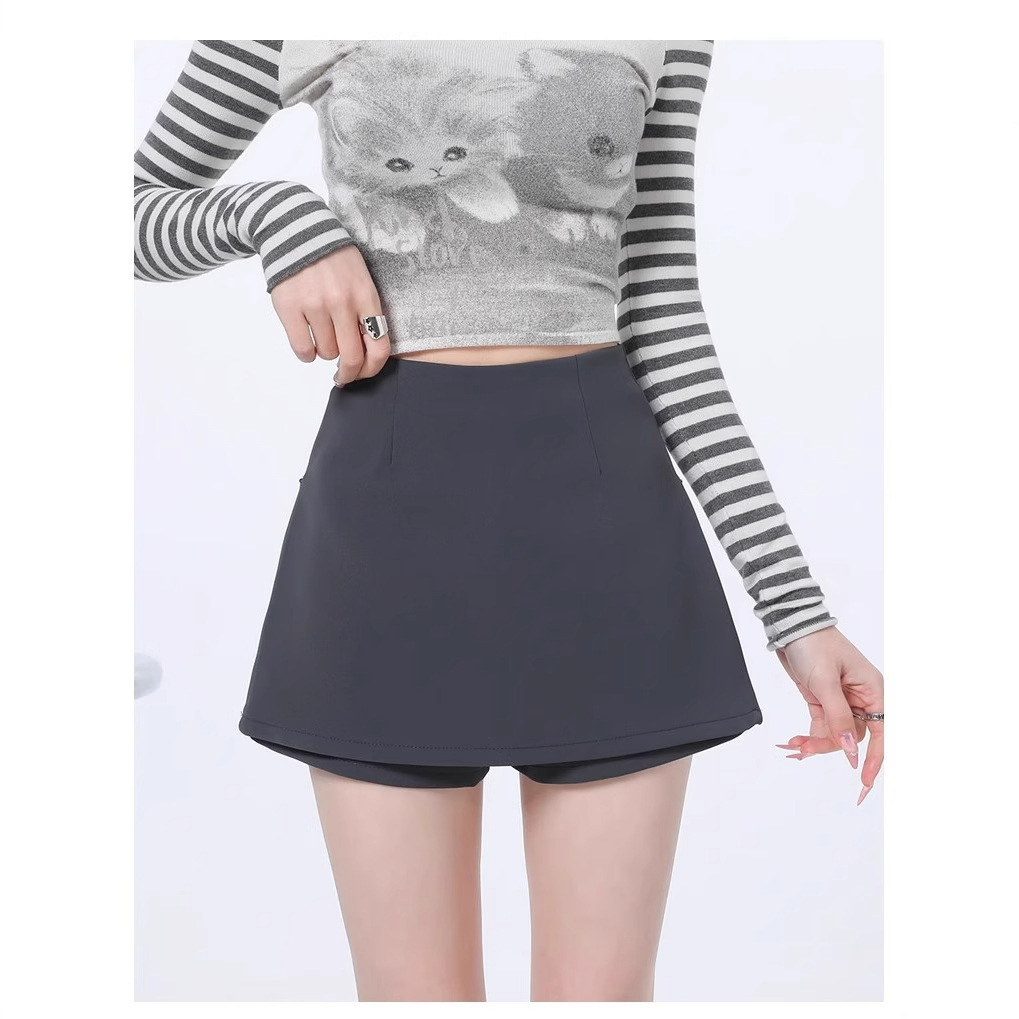 2025 culottes women's spring and summer hit suit shorts high-waisted side slit black hip-hugging skirt gray