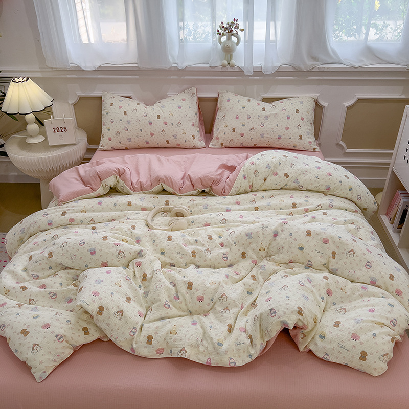 Picture of Double-Layer Gauze Wrinkled Cotton Bed Four-Piece Set Small Fresh Quilt Cover Home Ins Style Floral Summer New Three-Piece Set