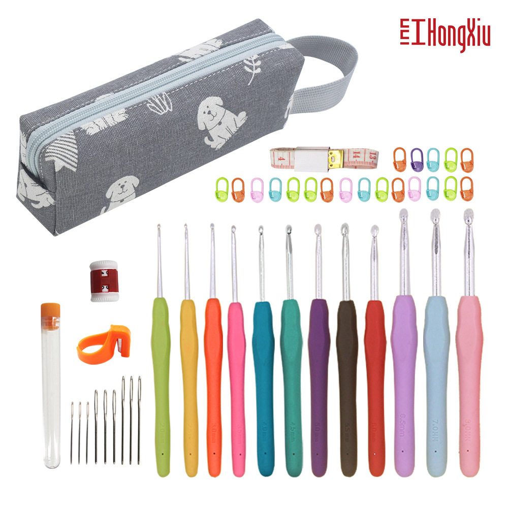 Picture of Cross-border wholesale full set of handmade crochet wool knitting tools hook knitting bag rainbow TPR soft handle crochet suit