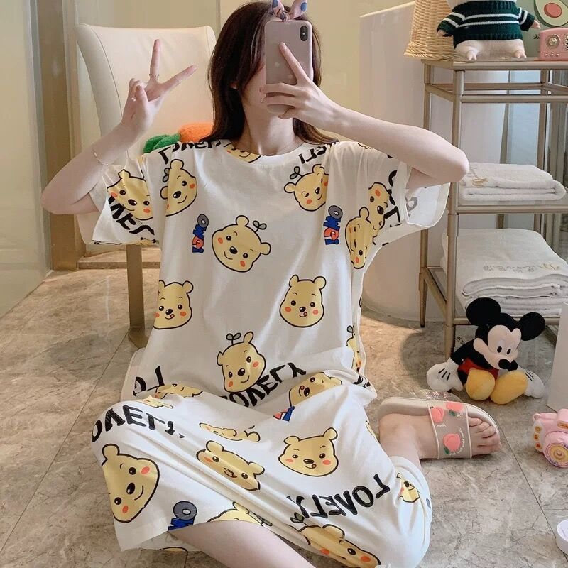 Picture of Internet Celebrity Summer Korean Style Princess Fresh Sweet Loose Nightdress Short Sleeve Plus Size Pajamas Dress with Cloth Bag