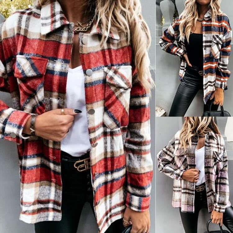2021ebaywish Hot Selling ins Internet Popular Autumn and Winter Loose Casual Retro Plaid Long Sleeve Shirt Coat Women