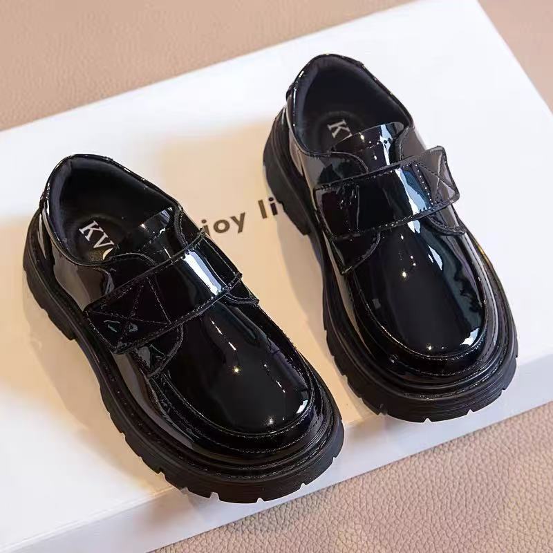 Boys' leather shoes, genuine leather, black British elementary school spring/autumn/summer new hollow style, big kids' performance wide-toe style