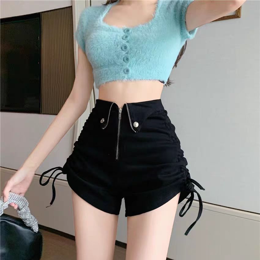 High waist drawstring black tight design shorts women's autumn hot girl popular slim elastic ultra short boot pants