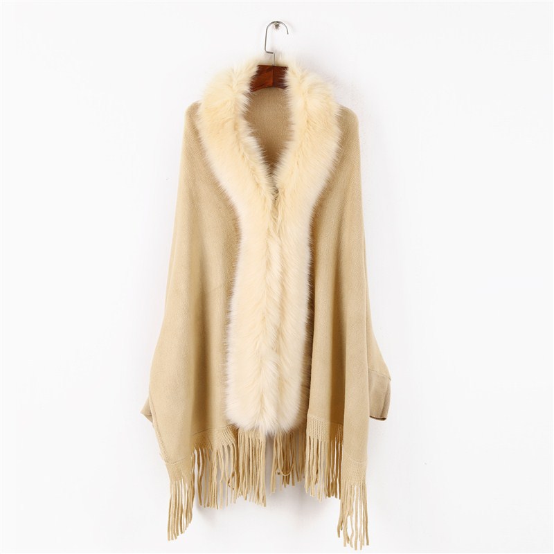 Picture of Autumn and Winter New Fashion Women's Cape Cardigan Artificial Fur Solid Color Sleeve Long Tassel Hem Cape Wholesale
