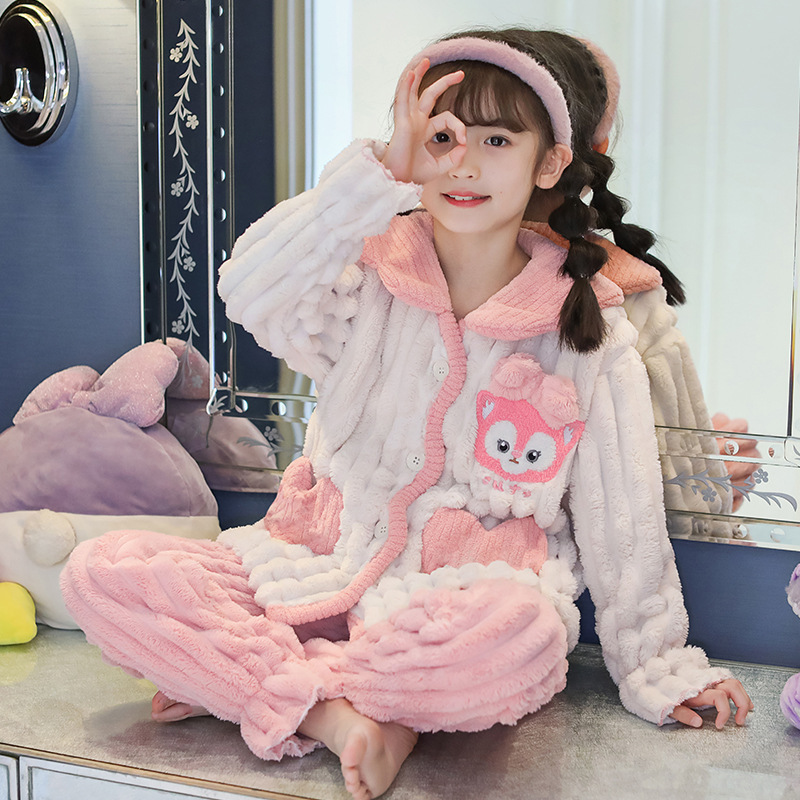 Picture of Children's Pajamas Flannel Autumn and Winter Girls' Coral Fleece Thickened Warm Style Middle and Large Children's Girls' Home Clothes suit