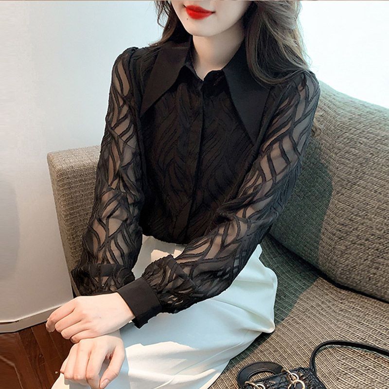 Picture of Black Chiffon Shirt for Women, Spring and Autumn 2024, Polo Collar, Niche Retro French Long-Sleeve Top, Chanel Style