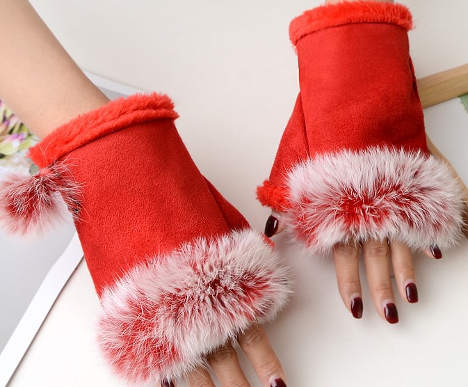 Picture of Factory sales suede rabbit fur half finger gloves women winter gloves warm gloves computer gloves wholesale