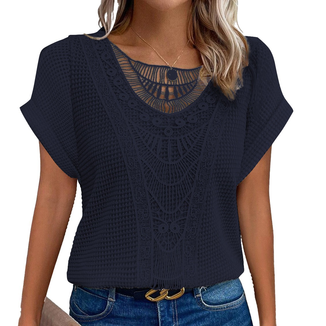Picture of 2024 Amazon European and American spring and summer new independent stand lace stitching short-sleeved T-shirt in stock cross-border women's clothing